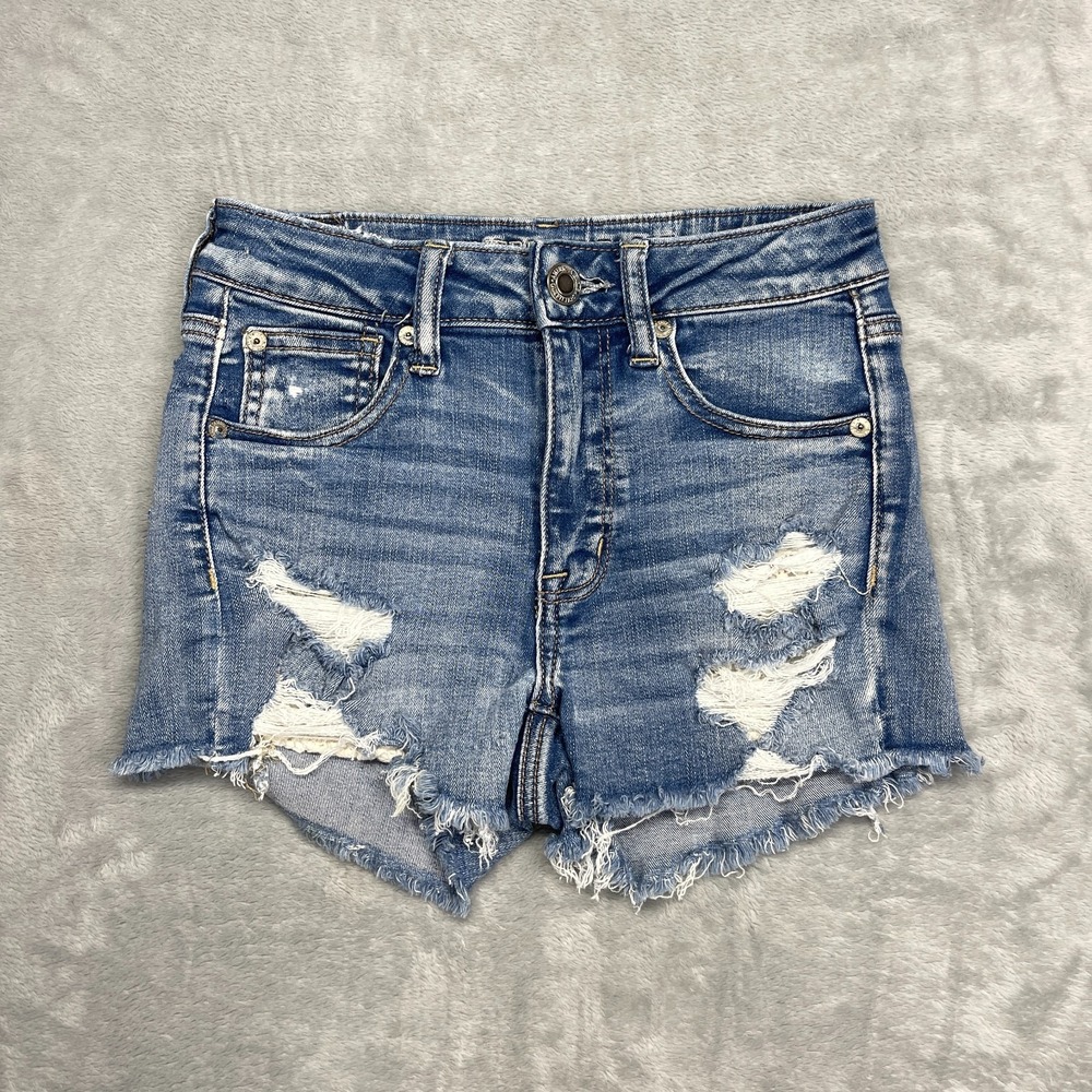 American Eagle Shorts Womens 2 Blue Denim Hi-Rise Shortie Stretch Distressed Y2k